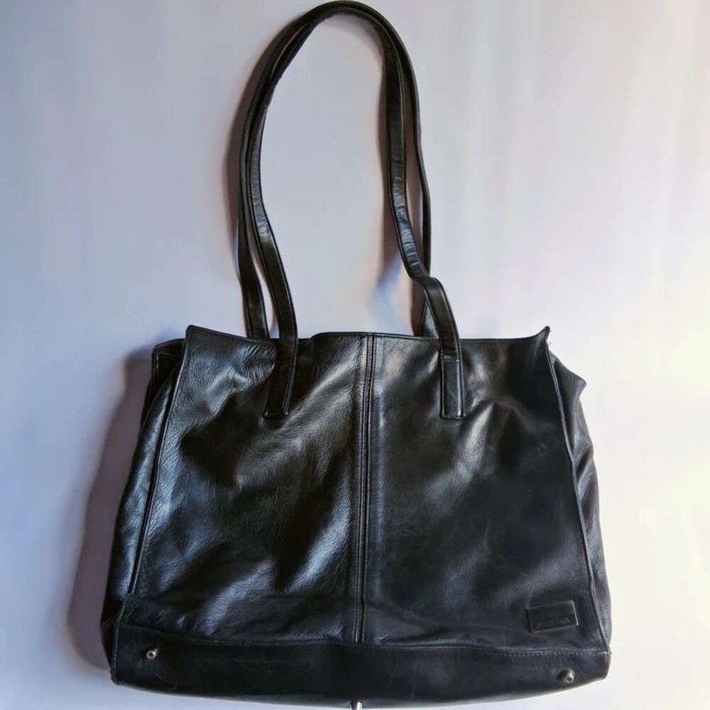 Vtg Perlina Black Leather Tote Shoulder Bag Multi Pocket Travel Organizer Purse